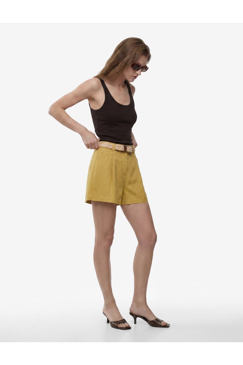 Linen Blend High Rise Pleated Shorts with Belt, Alternate, color, KHAKI