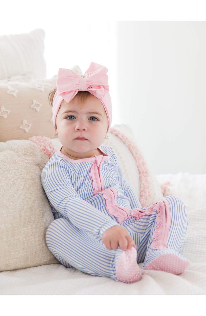 RuffleButts SoftSnooze Baby Girls Ruffle One Piece Footie Pajamas, Alternate, color, Periwinkle & White Stripe