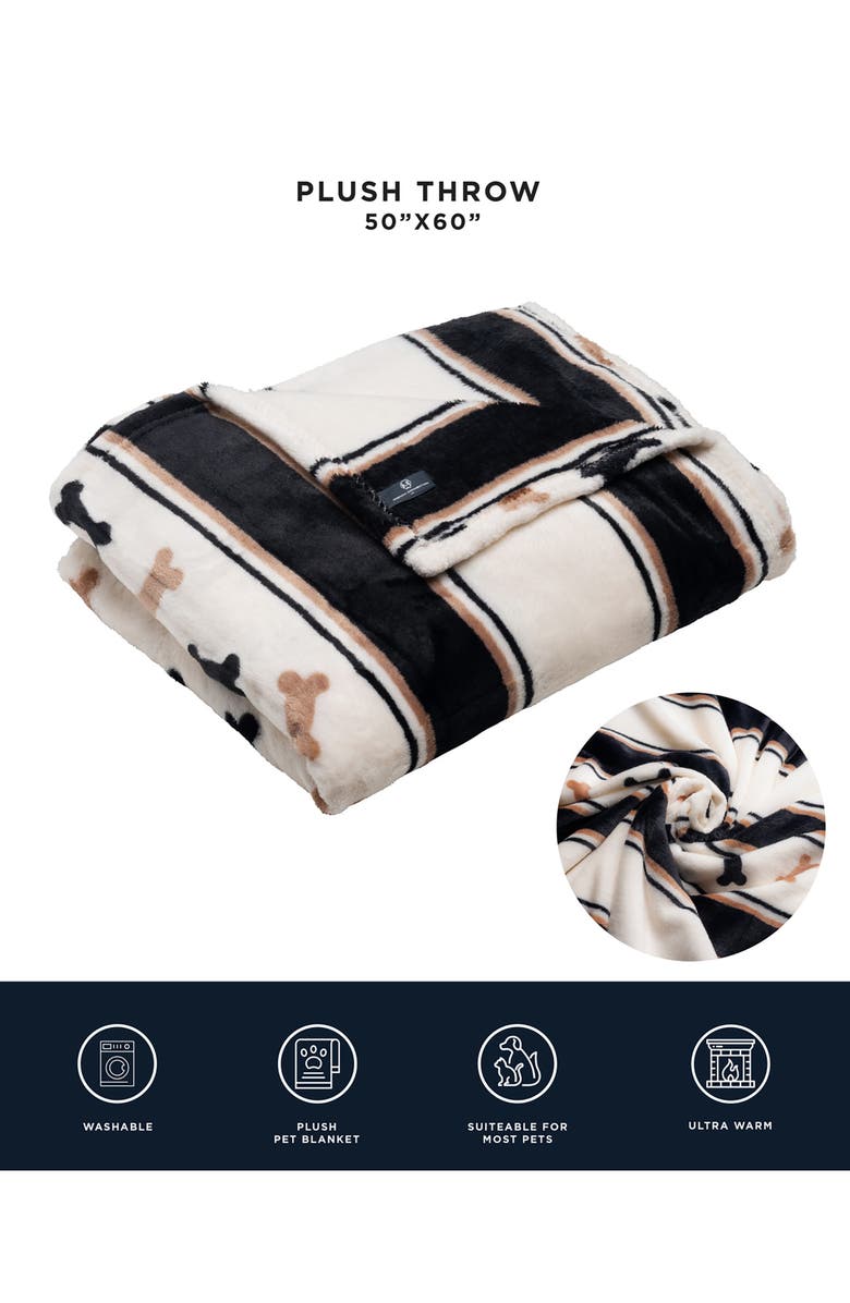 French Connection Pet Plush Throw & Faux Shearling Bone Pillow 2-Piece Set, Alternate, color, Black/White/Tan