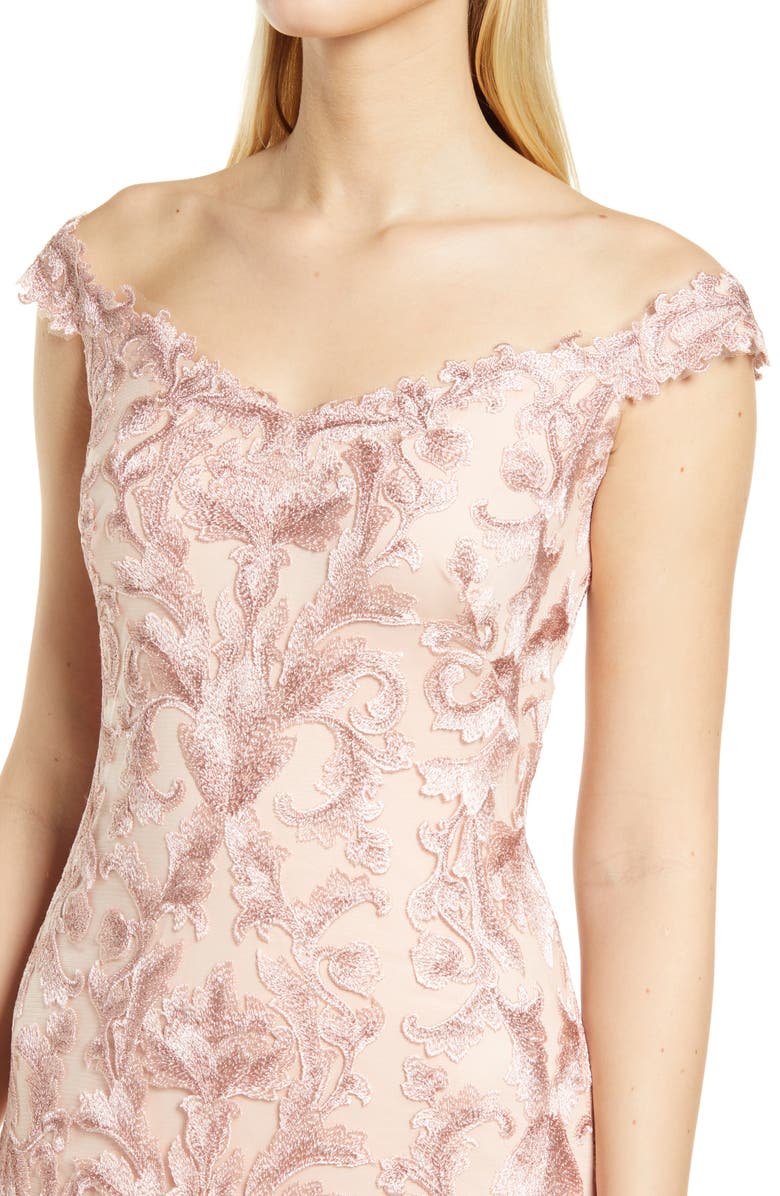 Tadashi Shoji Off the Shoulder Cap Sleeve Embroidered Lace Gown, Alternate, color,