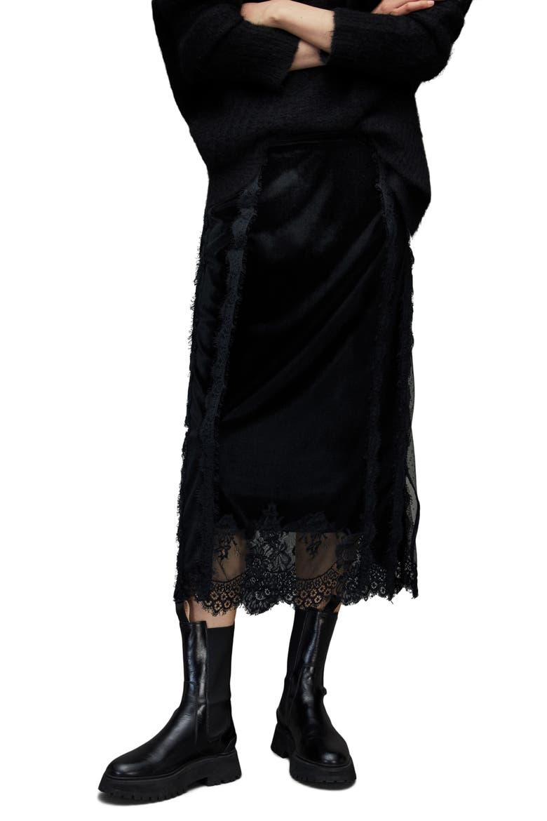 Mila Lace Trim Velvet Midi Skirt, Main, color, BLACK
