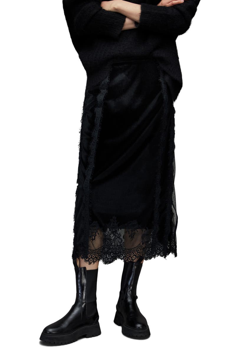 AllSaints Mila Lace Trim Velvet Midi Skirt, Main, color,