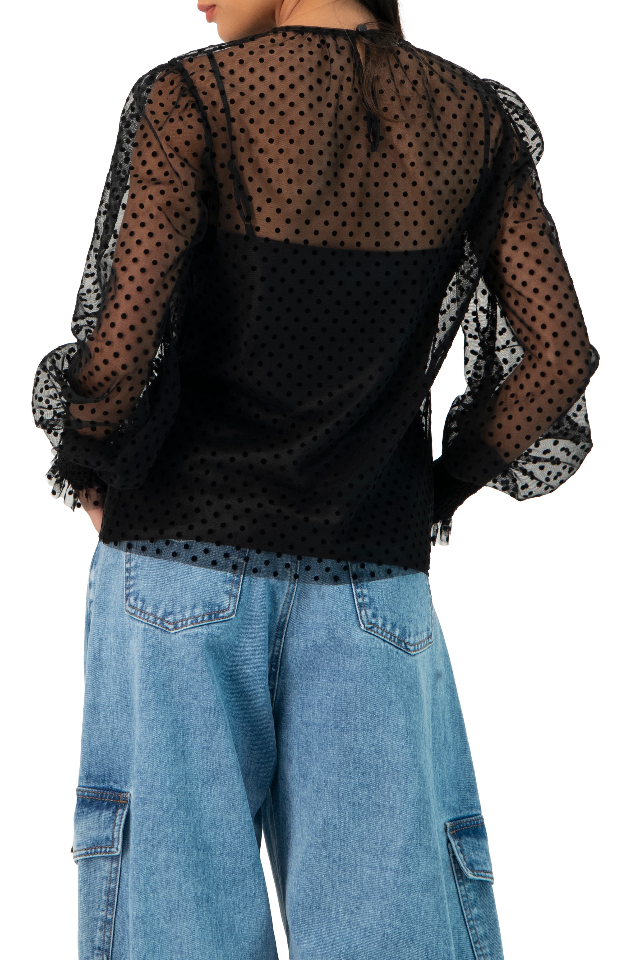 See- Though Polka Dot Smock Sleeve Blouse - image 2