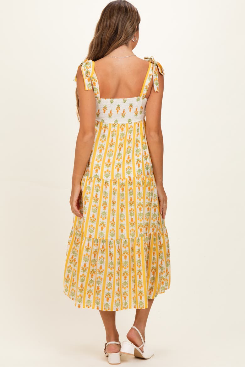 Striped Floral Shoulder Tie Midi Dress, Alternate, color, Yellow