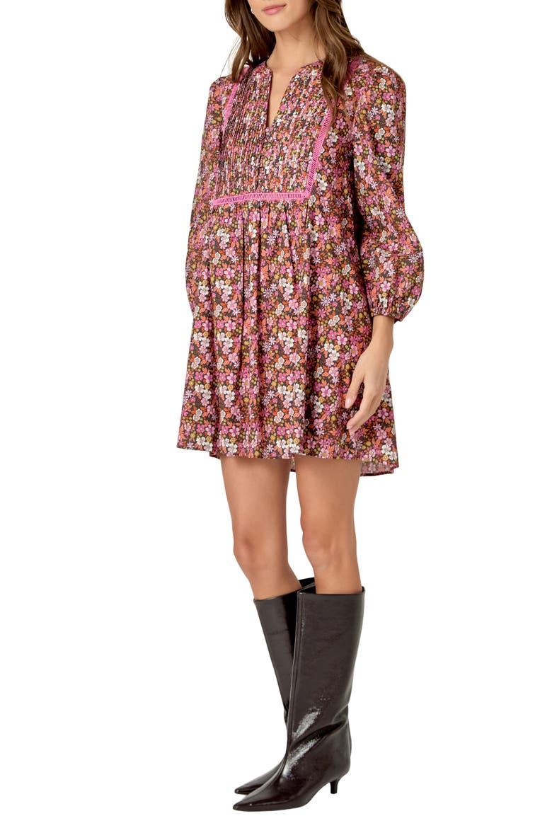 Floral Print Pintuck Cotton Minidress, Alternate, color, PINK