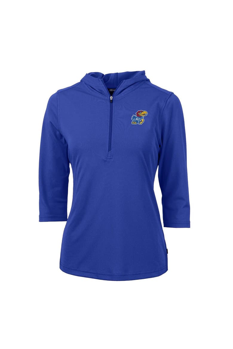 Women's Cutter & Buck Blue Kansas Jayhawks Virtue Eco Pique 3/4 Sleeve Half-Zip Pullover Hoodie, Main, color, Blue