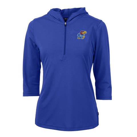 Women's Cutter & Buck Blue Kansas Jayhawks Virtue Eco Pique 3/4 Sleeve Half-Zip Pullover Hoodie