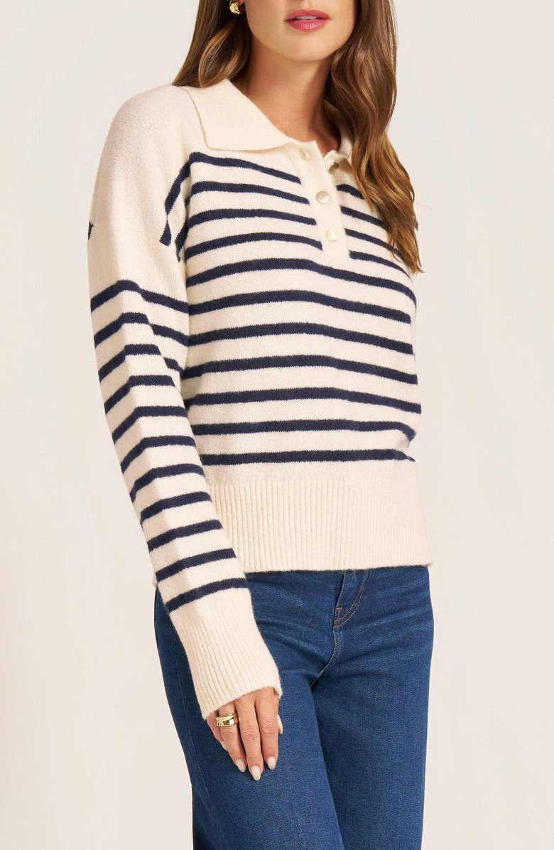 matty m. Lunara Sripe Recycled Polyester Blend Polo Sweater, Alternate, color, Ivory/ Navy