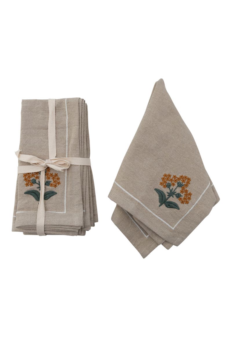 Cotton Napkins with Floral Embroidery and French Knots, Multicolor, Set of 4, Main, color, Tan