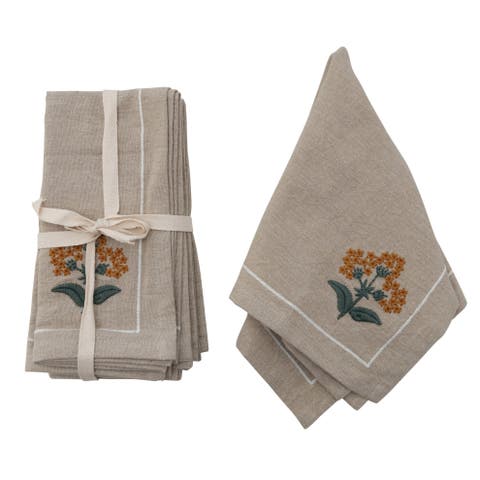 Cotton Napkins with Floral Embroidery and French Knots, Multicolor, Set of 4