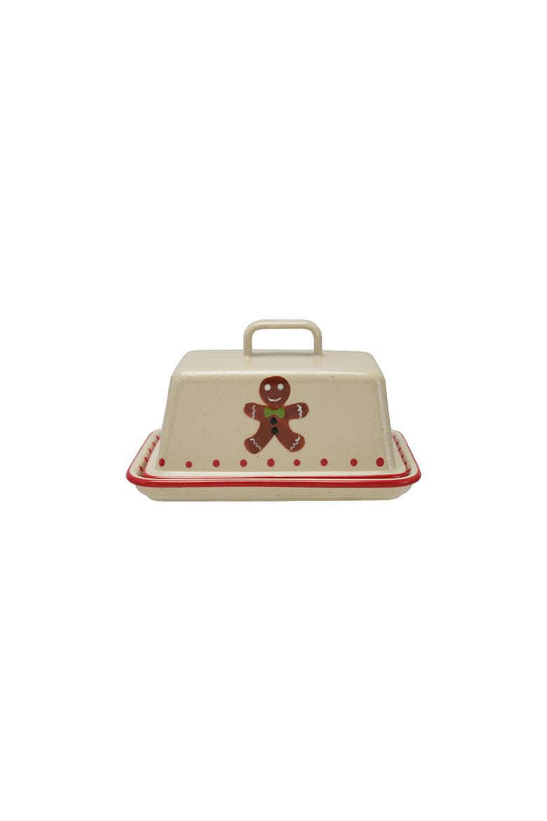 Gingerbread Man Hand-Painted Stoneware Butter Dish, Main, color, Multicolor