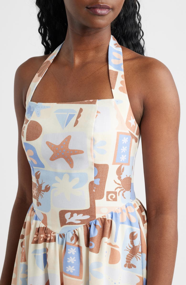 MOON RIVER Beach Print Halter Sundress, Alternate, color, Ivory/ Blue