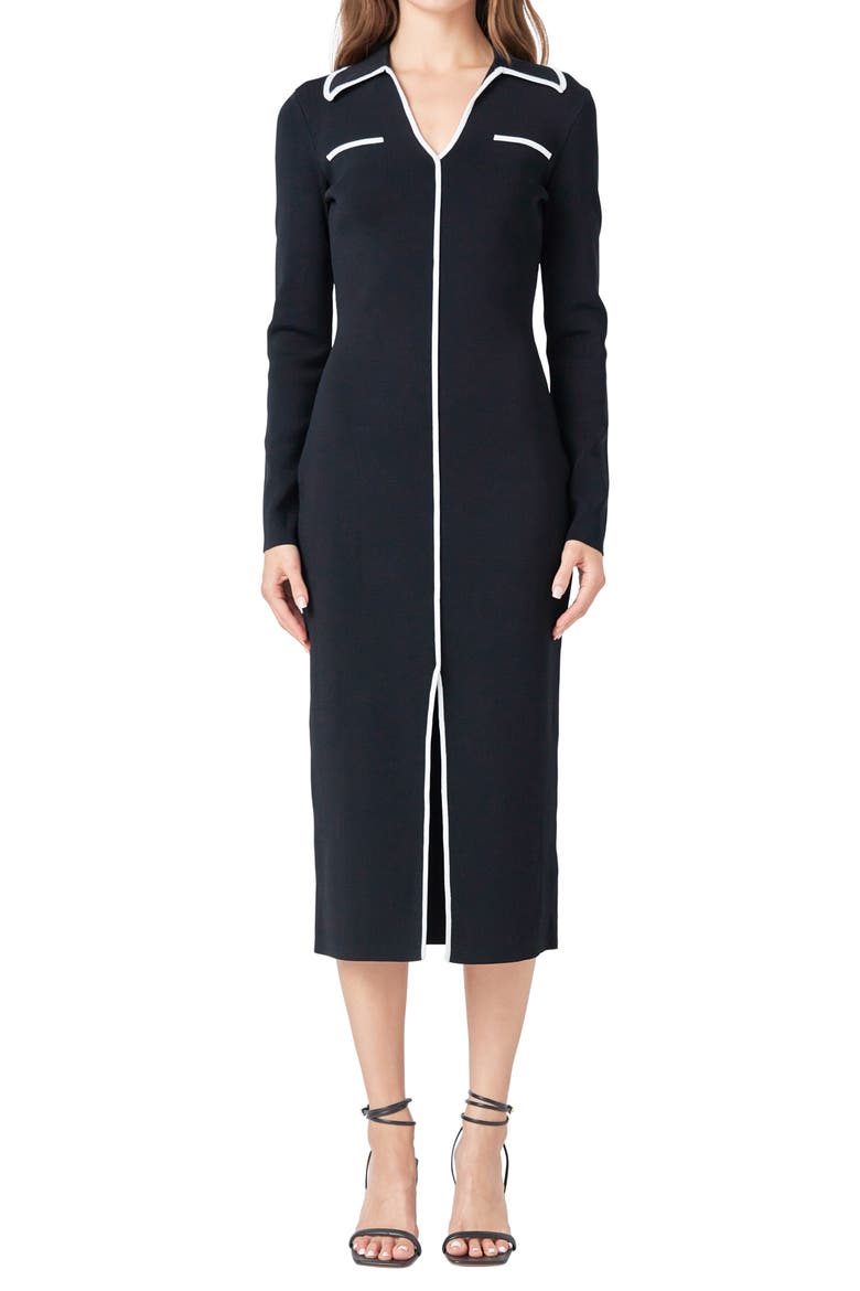 Contrast Trim Long Sleeve Knit Dress, Alternate, color, BLACK