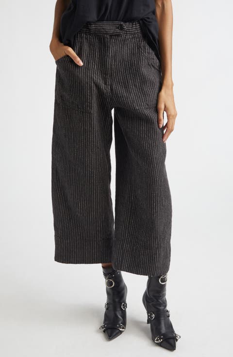Relaxed Pinstripe Linen & Virgin Wool Crop Work Pants