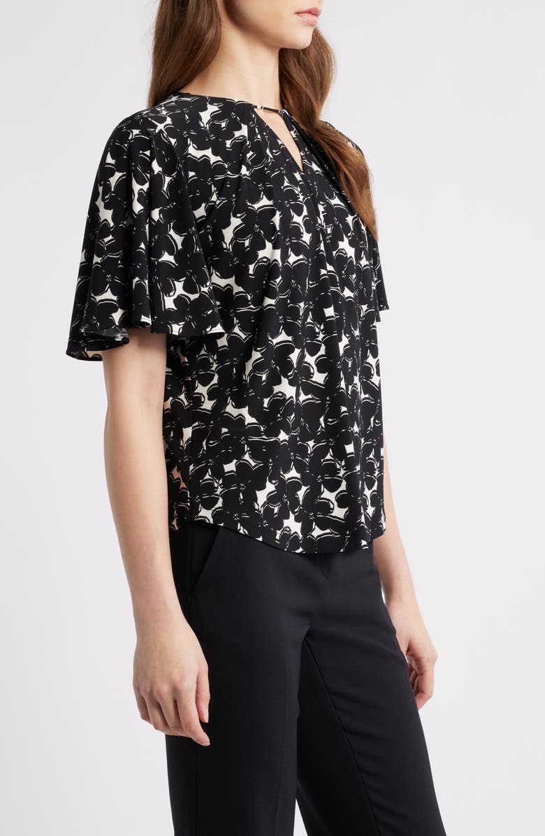 Anne Klein Floral Print Pleat Neck Top, Alternate, color, Anne Black/ White Dove