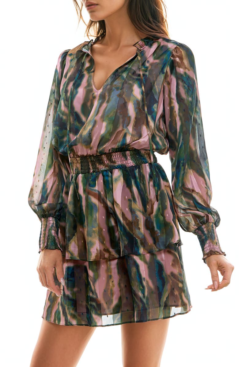 Socialite Print Metallic Tiered Long Sleeve Minidress, Alternate, color, 