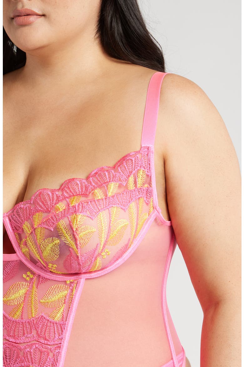 Embroidered Mesh Underwire Bustier with Garter Straps & Thong Set, Alternate, color, NEON PINK