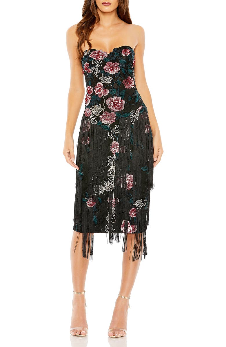 Mac Duggal Strapless Embroidered Midi Dress with Fringe Hem, Main, color, Black