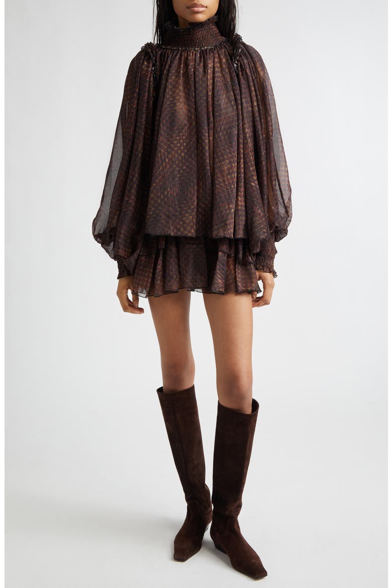 Kaia Geo Print Tiered Metallic Chiffon Miniskirt, Alternate, color, BROWN MULTI