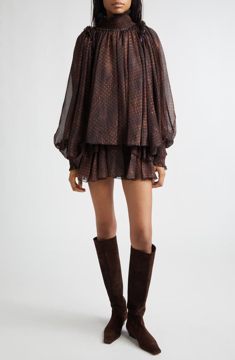 Siedrés Kaia Geo Print Tiered Metallic Chiffon Miniskirt, Alternate, color, Brown Multi