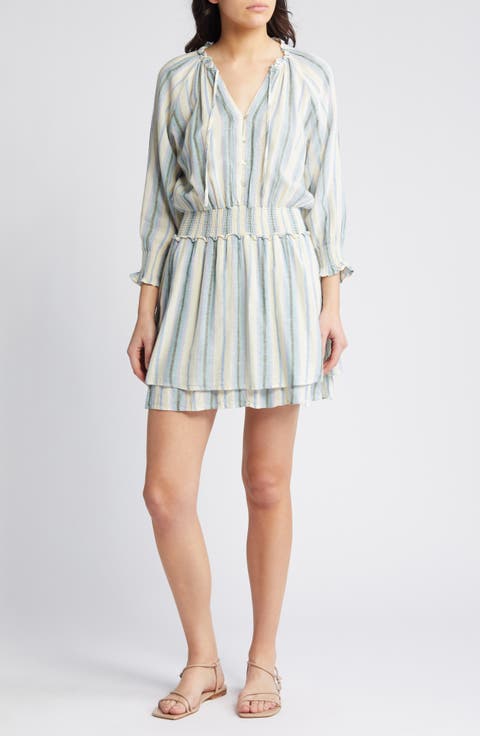Crystal Stripe Smocked Waist Linen Blend Blouson Dress
