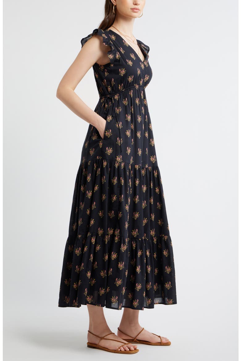 Floral Print Cotton Midi Dress, Alternate, color, BLACK- PINK BOQUET