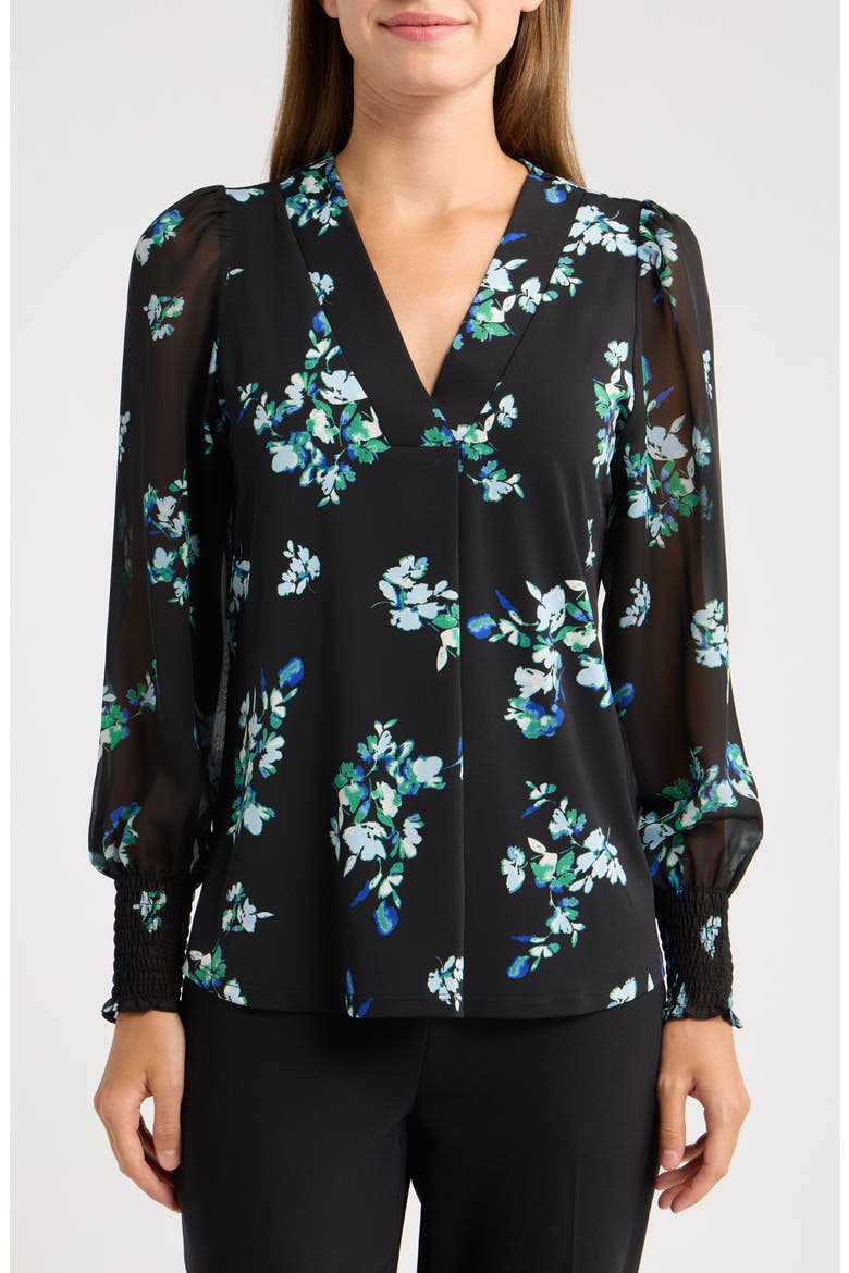 Smocked Cuff V-Neck Top, Main, color, ANNE BLACK MULTI