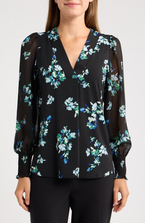 Smocked Cuff V-Neck Top