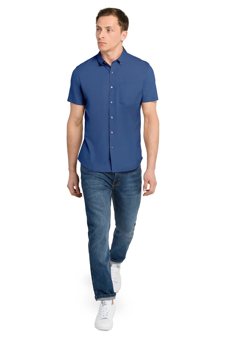 Hudson Reworked Slim Fit Solid Short Sleeve Cotton Button-Up Shirt, Alternate, color, MED BLUE