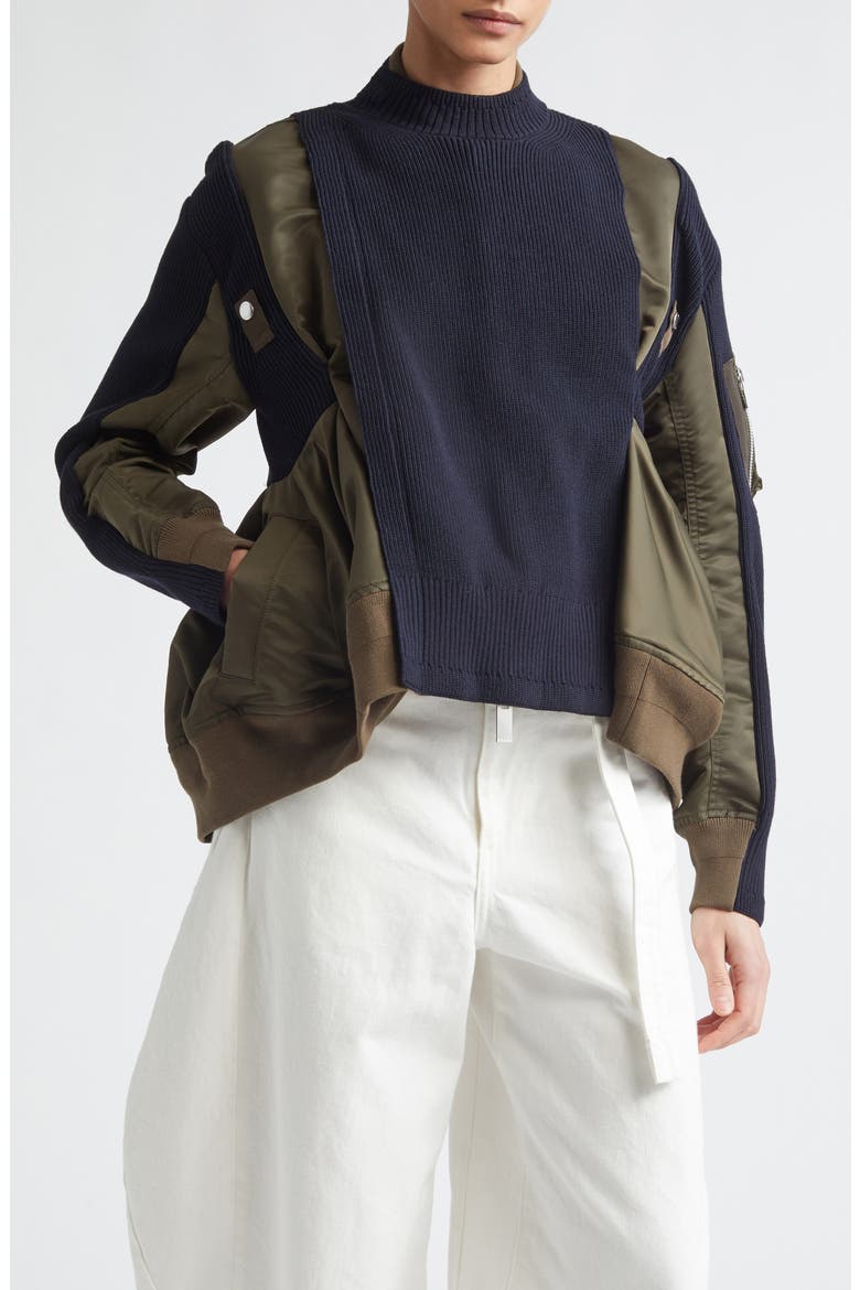 Mixed Media Bomber Jacket with Sweater Bib Overlay, Main, color, DARK KHAKI/ NAVY