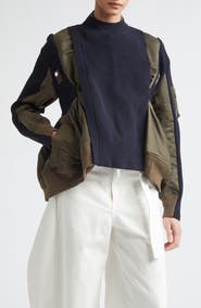 Sacai Mixed Media Bomber Jacket with Sweater Bib Overlay
