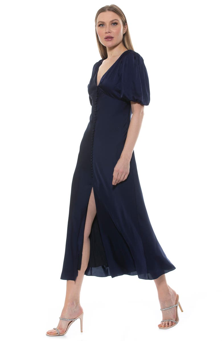 Alexia Admor Lorelei V-Neck Bubble Sleeve Midi Dress, Alternate, color, Navy