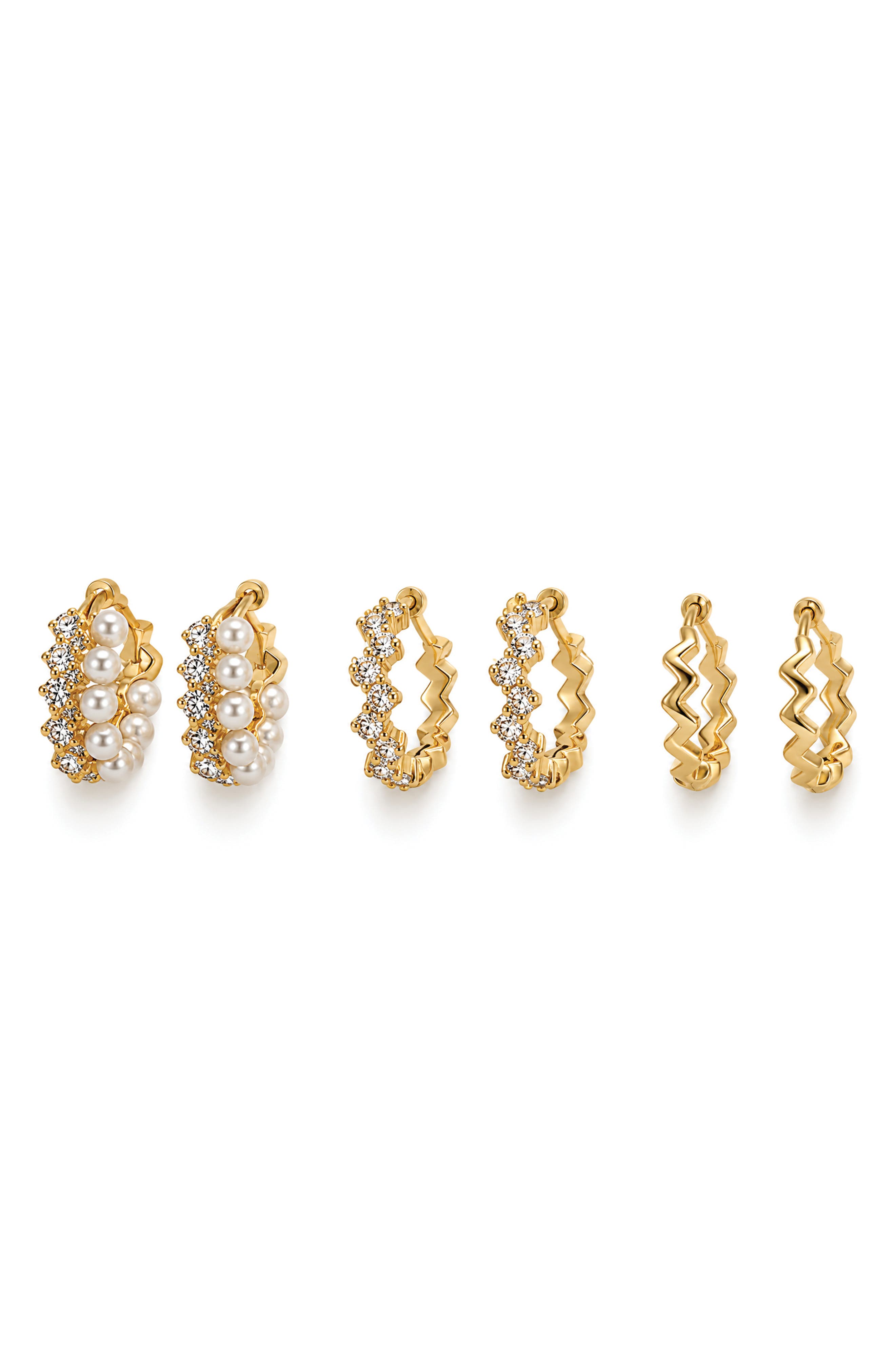 Set of 3 Faux Pearl & Crystal Huggie Hoop Earrings