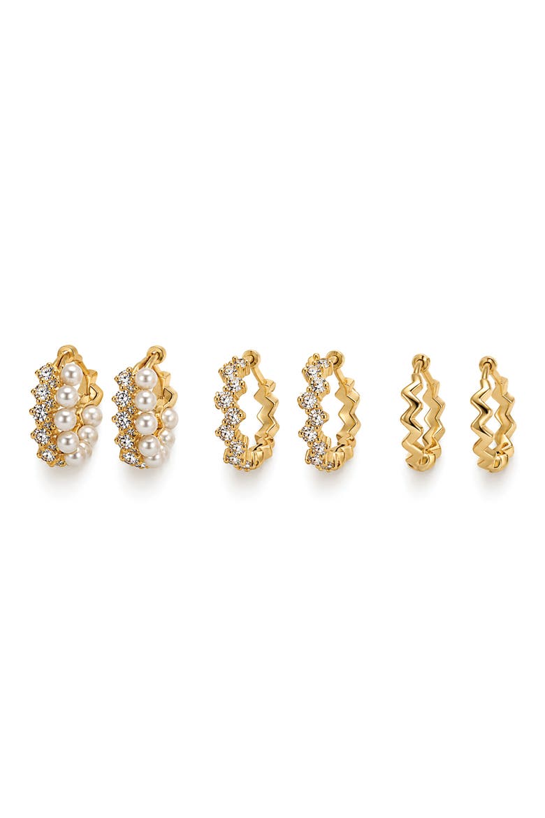 Set of 3 Faux Pearl & Crystal Huggie Hoop Earrings, Main, color, GOLD