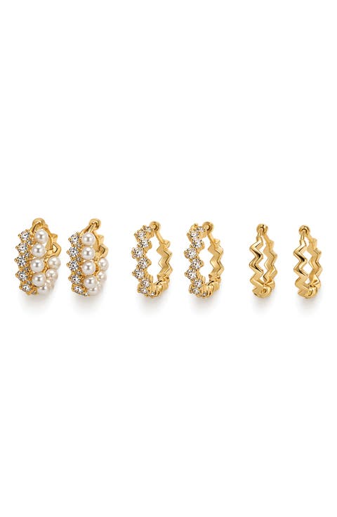 Set of 3 Faux Pearl & Crystal Huggie Hoop Earrings