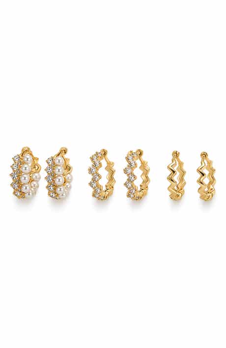 Set of 3 Faux Pearl & Crystal Huggie Hoop Earrings