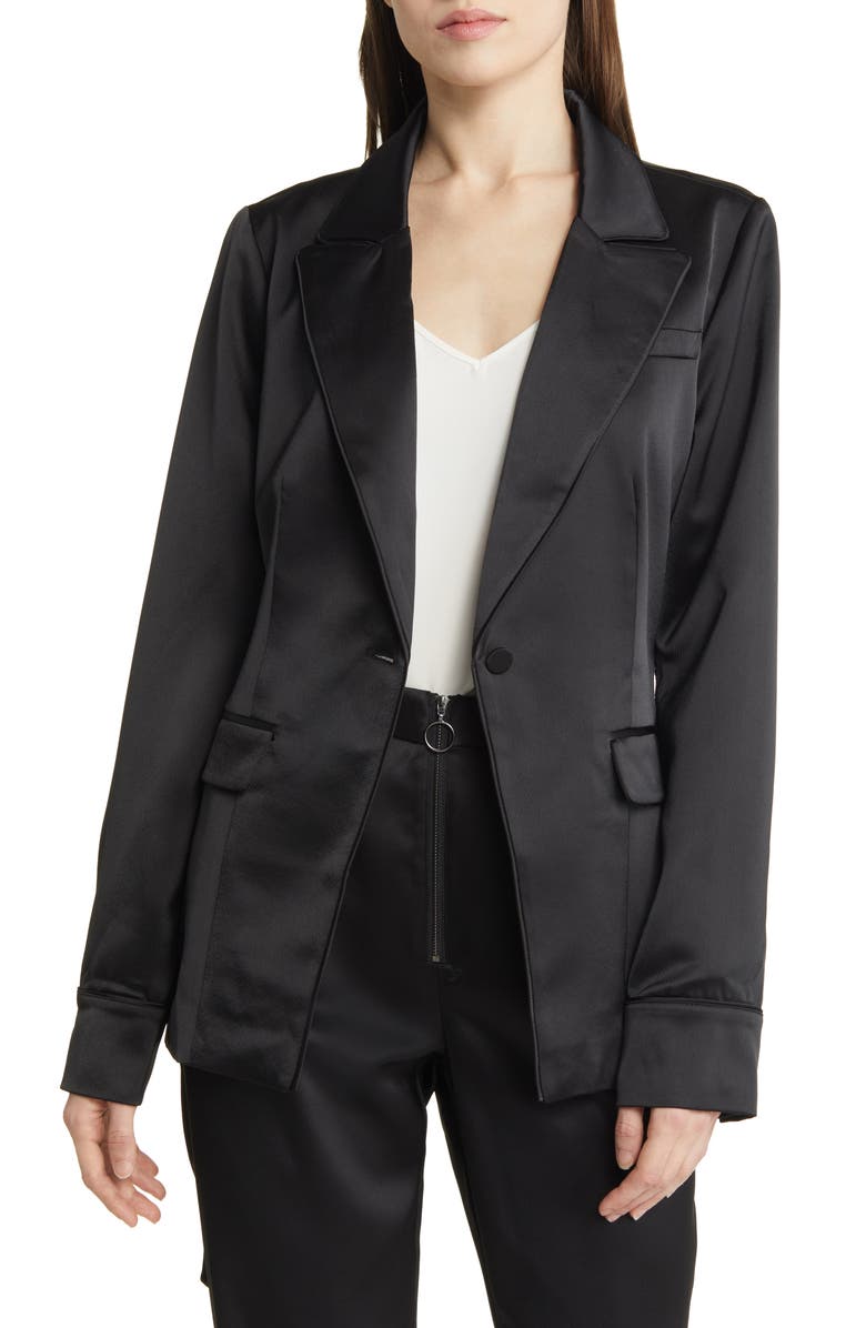 PAIGE Havenn Tie Waist Satin Blazer, Alternate, color, Black
