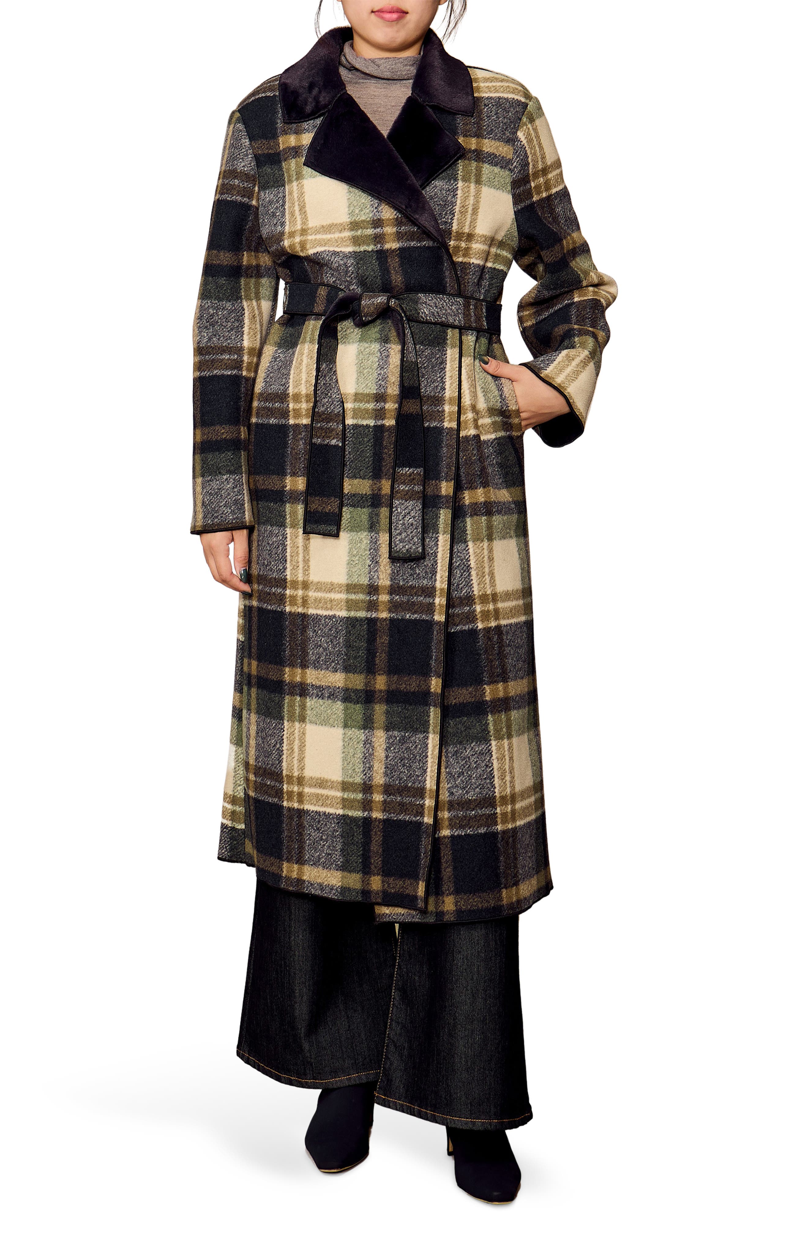 Faux Fur Collared Plaid Trench Coat