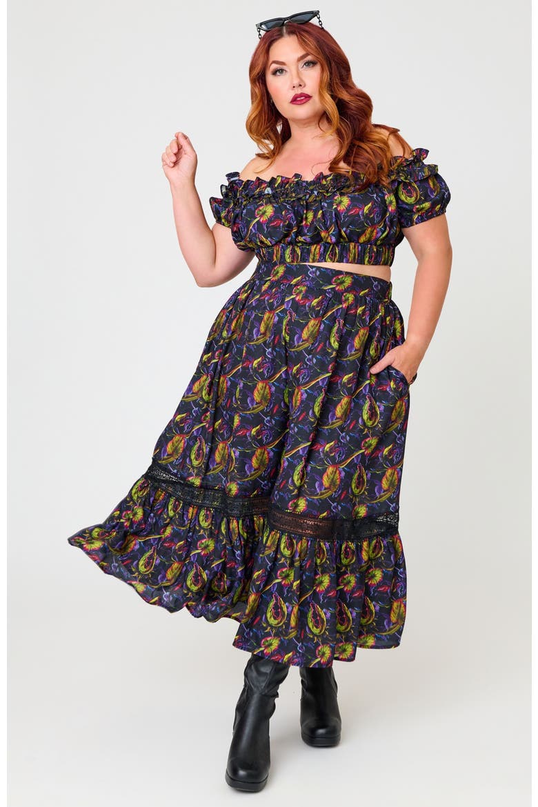 Plus Size 1970s Off Ruffle Up Crop Top, Alternate, color, Purple w/ Plants Print