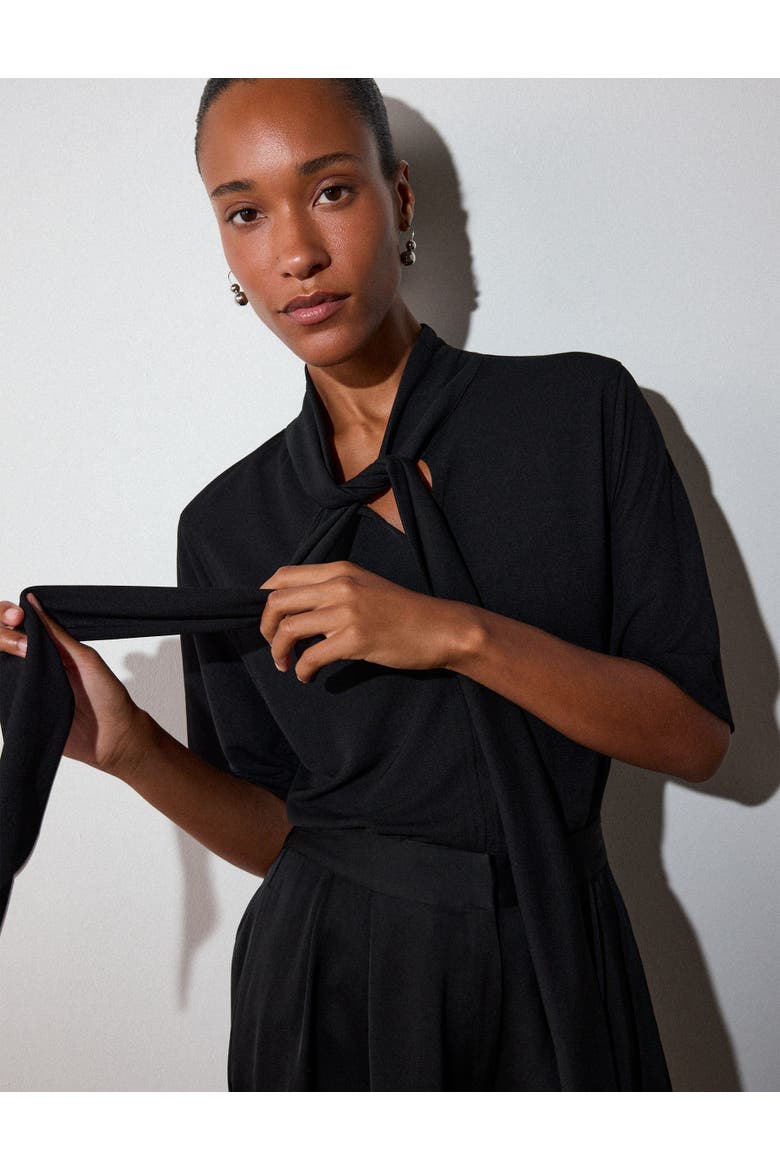Short Sleeve Tie-Neck Jersey Top, Alternate, color, Black