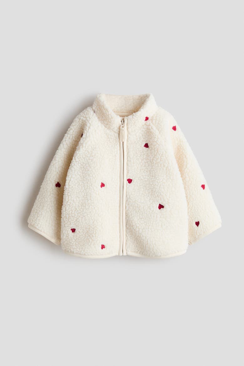 Printed Teddy Jacket, Main, color, Light beige/hearts