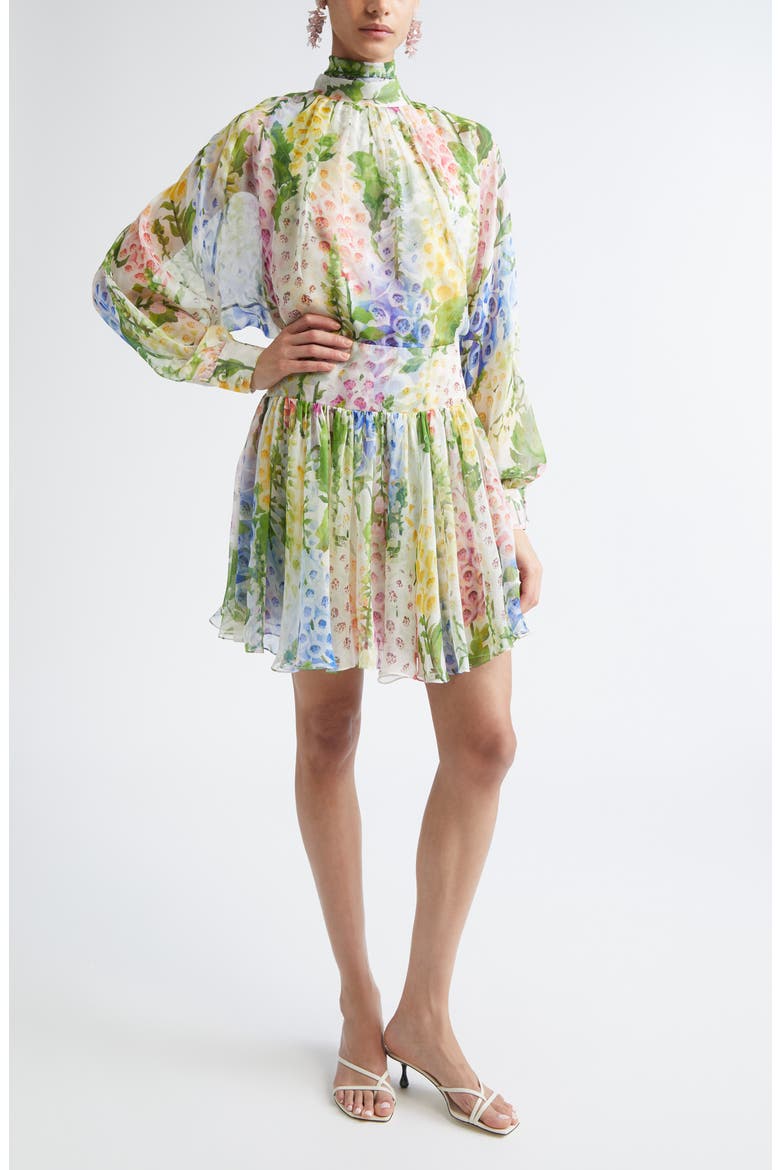 Foxglove Long Sleeve Silk Chiffon Dress, Main, color, WHITE MULTI