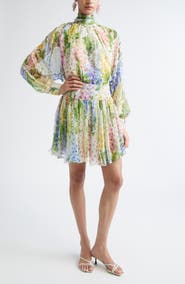 Oscar de la Renta Foxglove Long Sleeve Silk Chiffon Dress