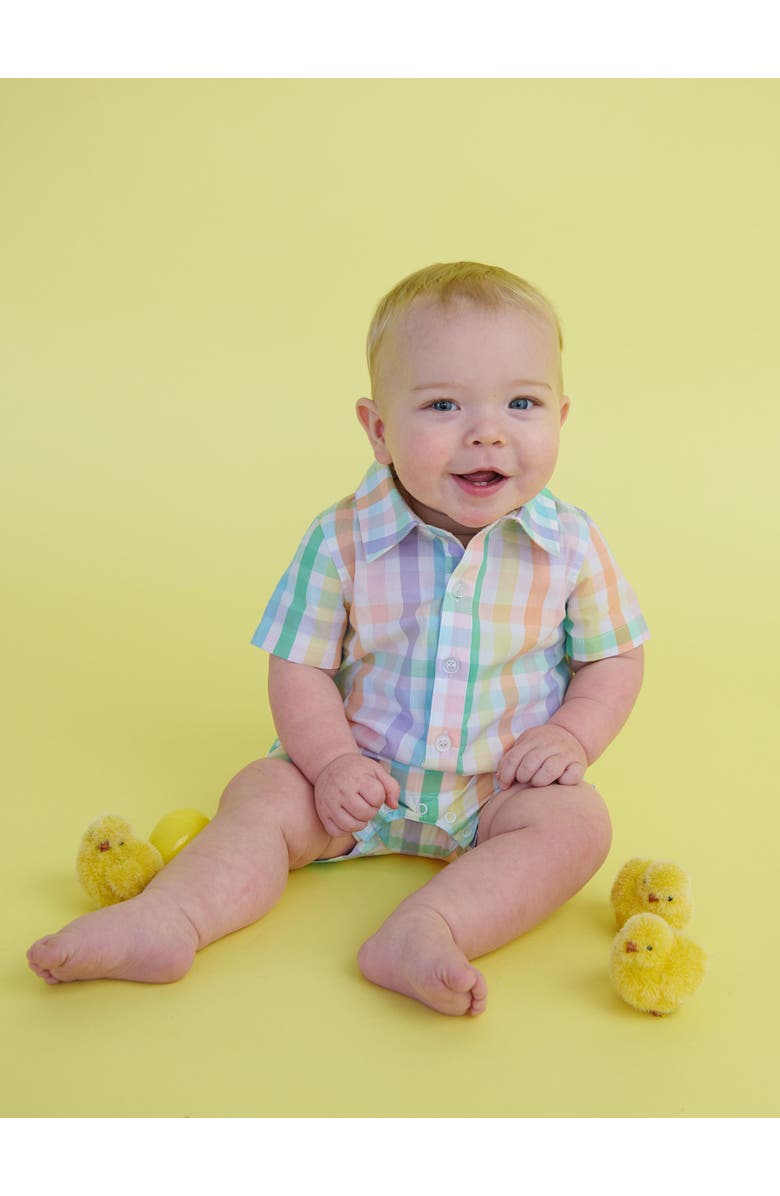 RuggedButts Baby Boys Woven Short Sleeve Button-Up Romper, Alternate, color, Poppy Rainbow Plaid
