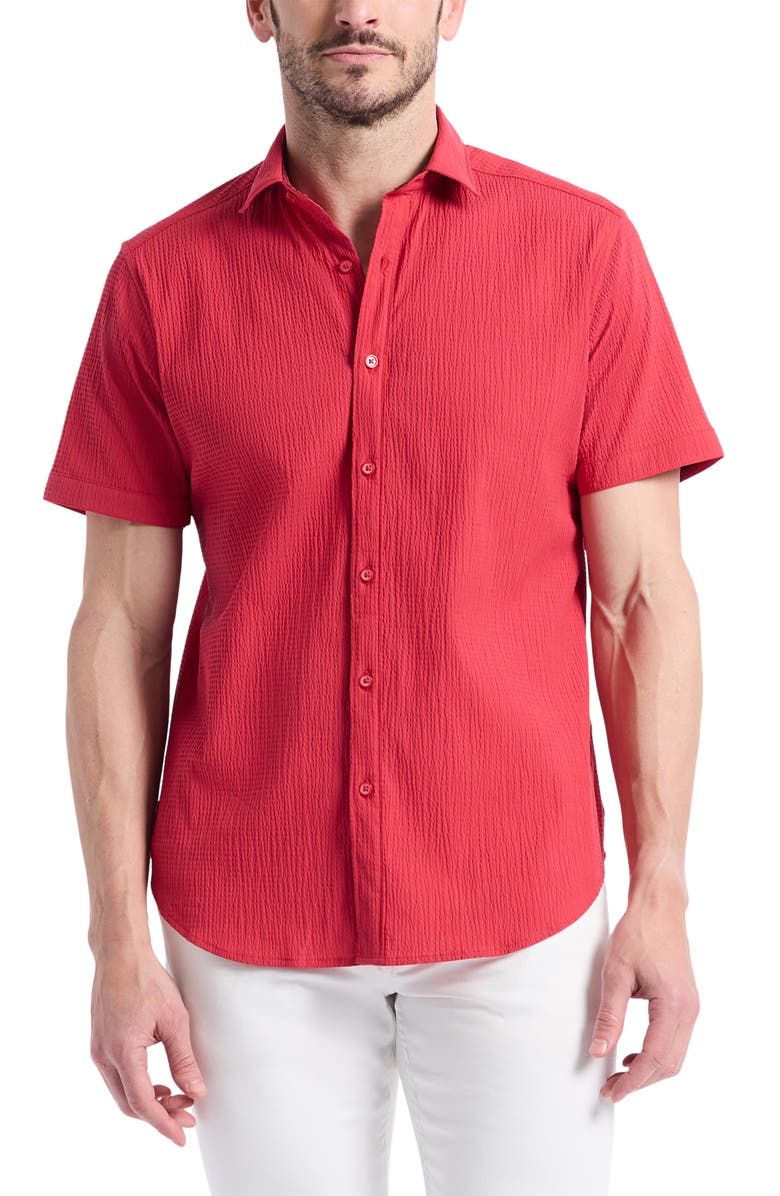 Robert Graham Thresher Textured Short Sleeve Button-Up Shirt, Main, color, Red