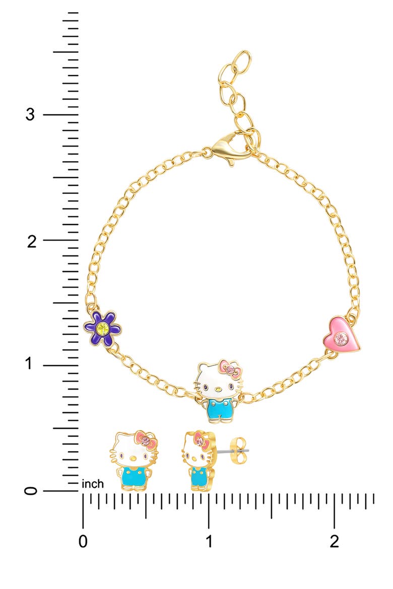 Hello Kitty® Cubic Zirconia & Enamel Charm Bracelet & Stud Earrings Set, Alternate, color, BLUE AND GOLD