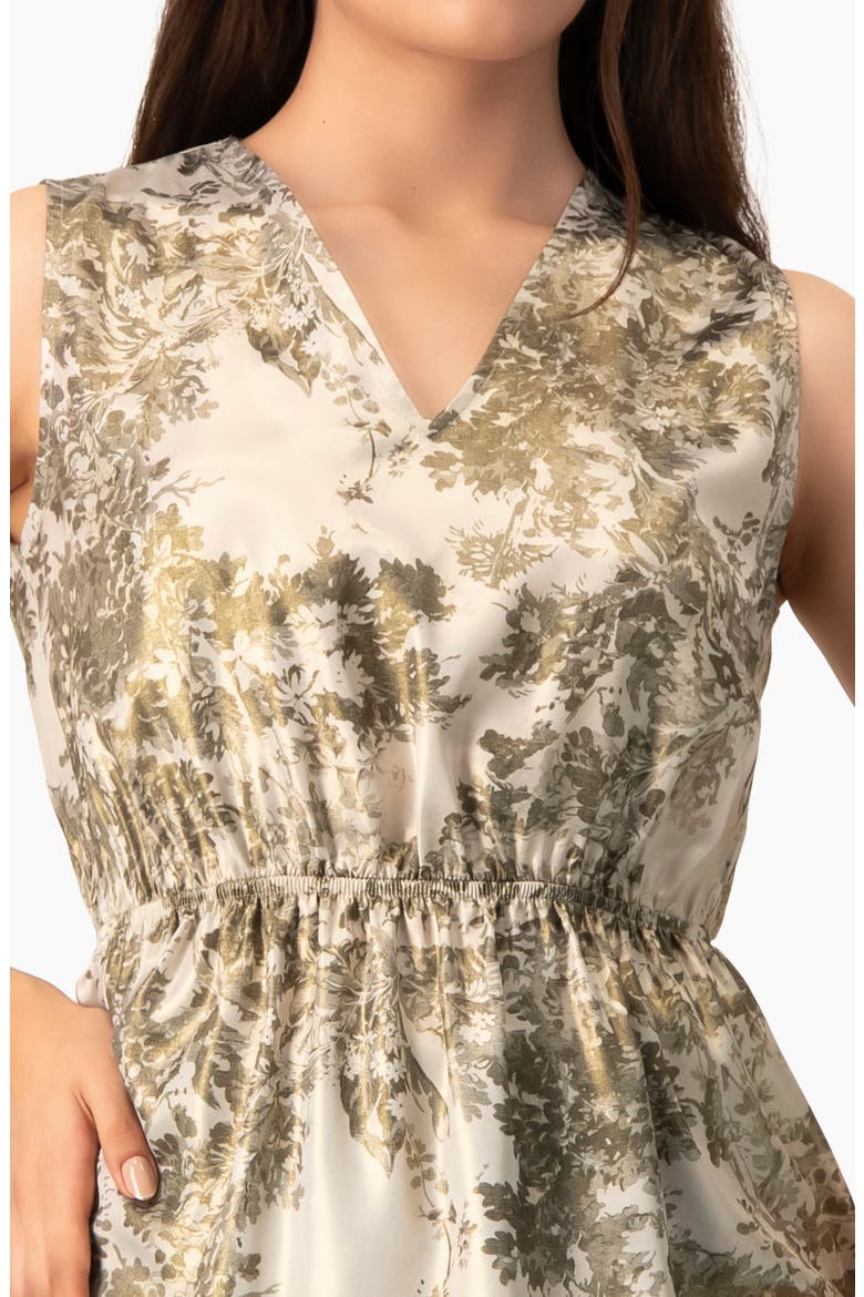Sleeveless Peplum Blouse in Abstract Botanical Print, Alternate, color, Olive Green