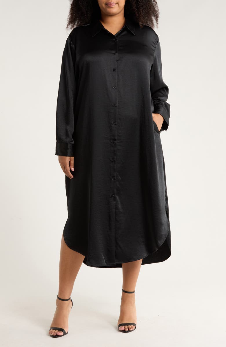 NORDSTROM RACK Long Sleeve Textured Satin Shirtdress, Main, color, Black