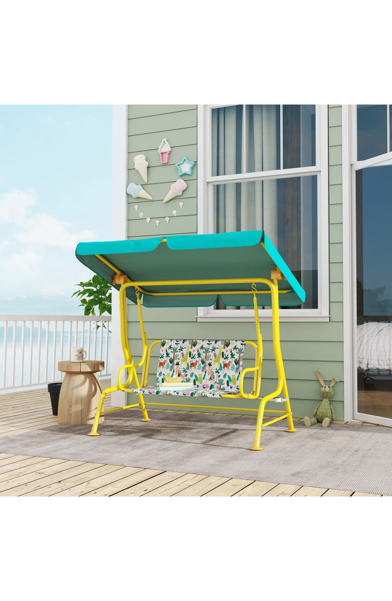 Qaba 2-Seater Kids Porch Swing with Safety Belts and Adjustable Canopy, Alternate, color, Green