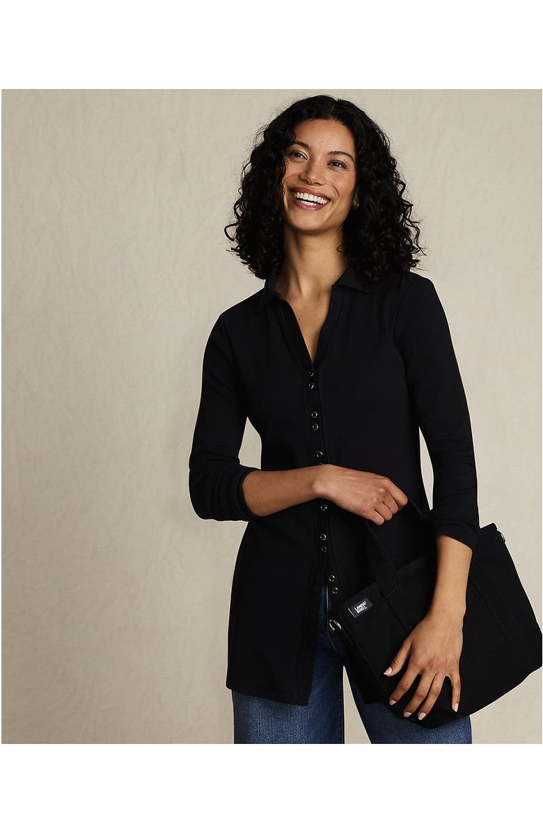 Lands' End Long Sleeve Polished Rib Button Through Tunic Shirt, Alternate, color, Black